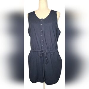 Women's Navy Blue Waffle Knit Romper Drawstring Stretch Comfort Casual Size XL